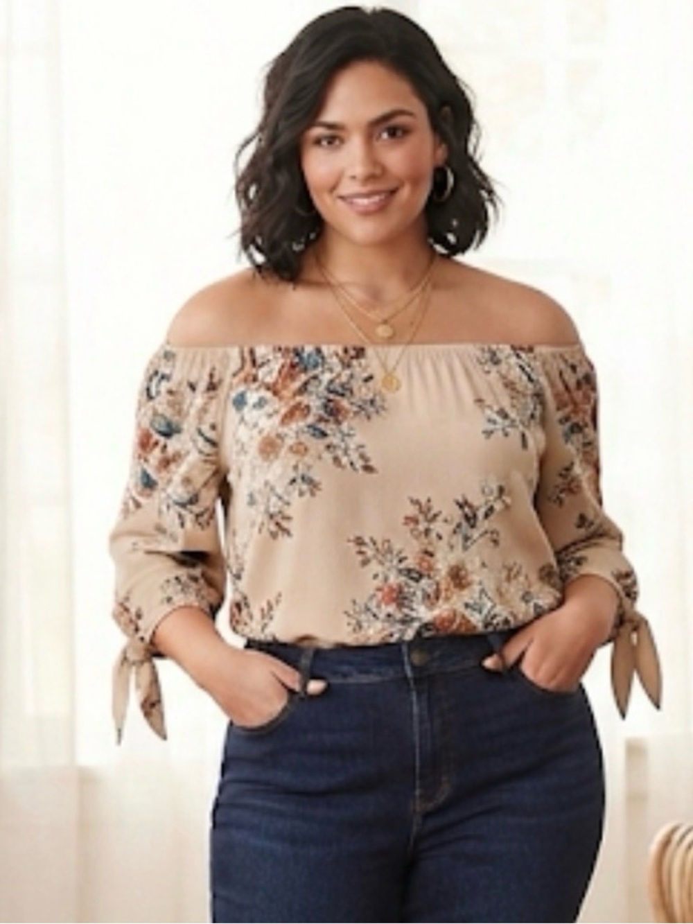 Rosegal 4XL Floral Blouse Fits 2X Beige Off Shoulder Peasant Top